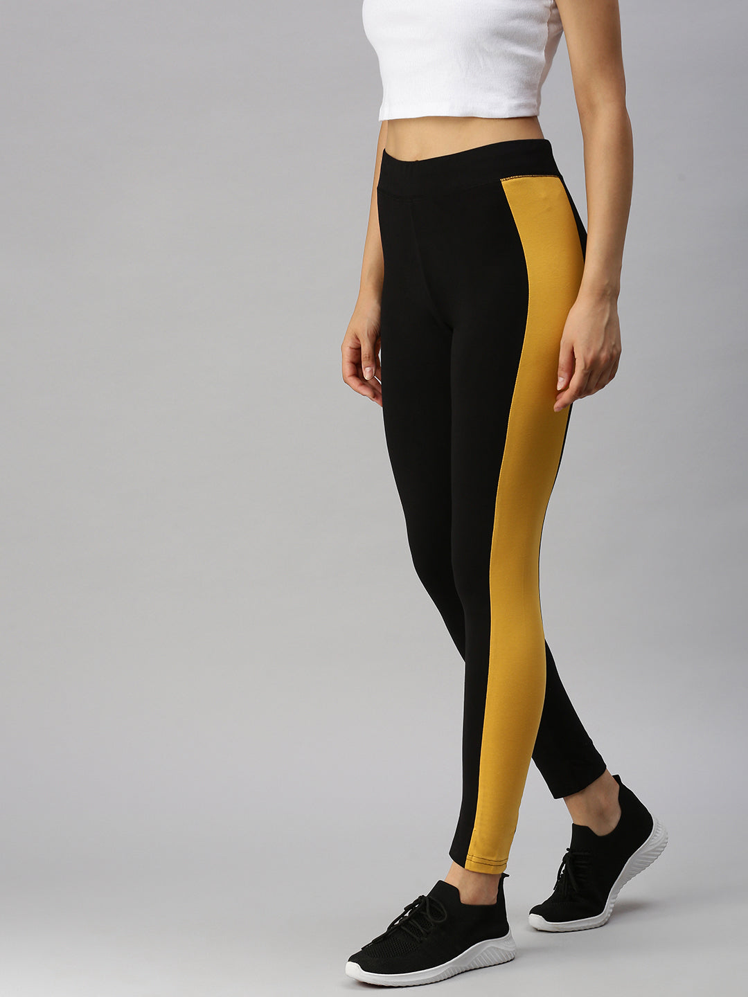 Yellow leggings with deals black stripe