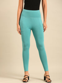 Ankle Length High Waist Leggings-Aqua Green