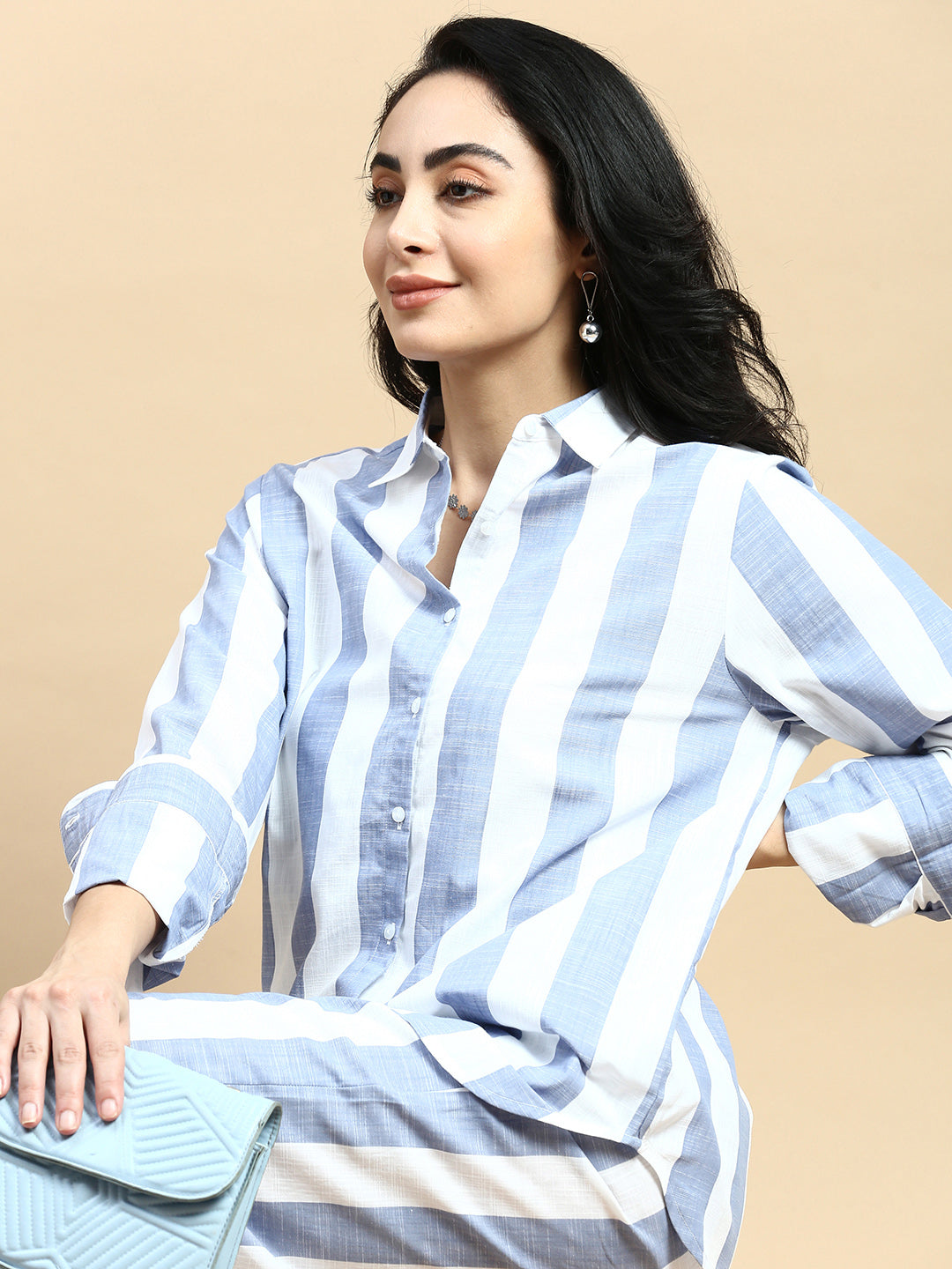 Co-Ord Set Striped (Shirt & Wide Leg Pant)-Blue