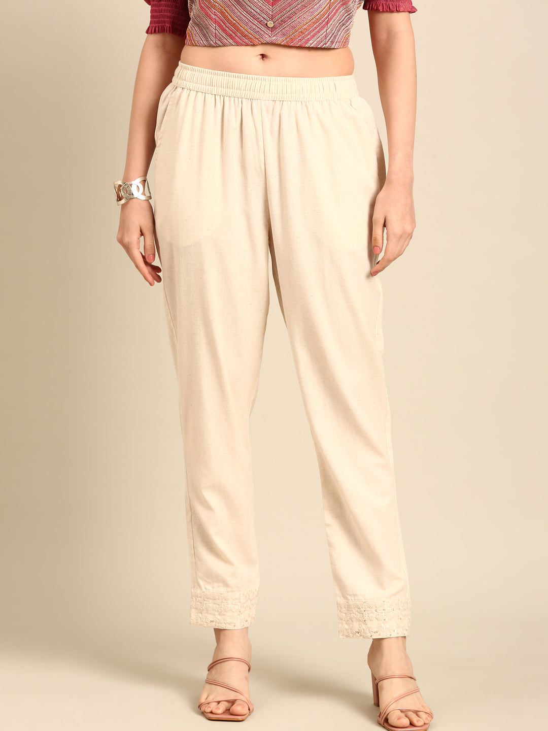 Straight Pant Embroidered-Natural