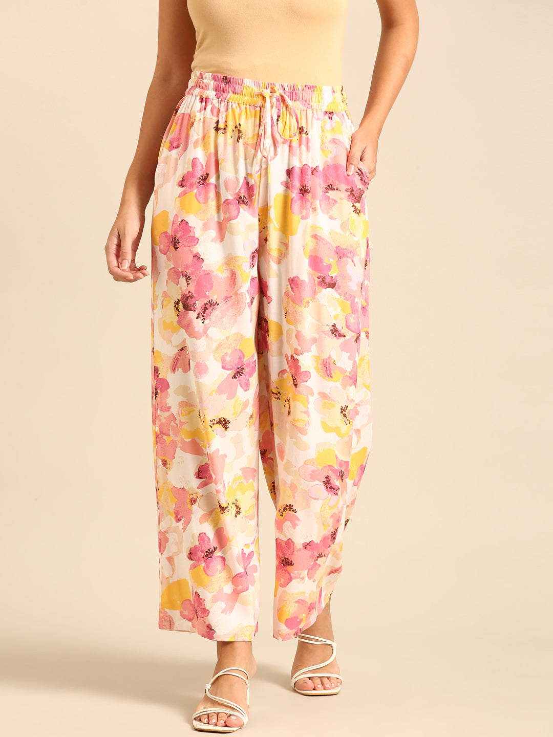 Co-Ord Set Floral Print (Casual Top & Palazzo)-Pink