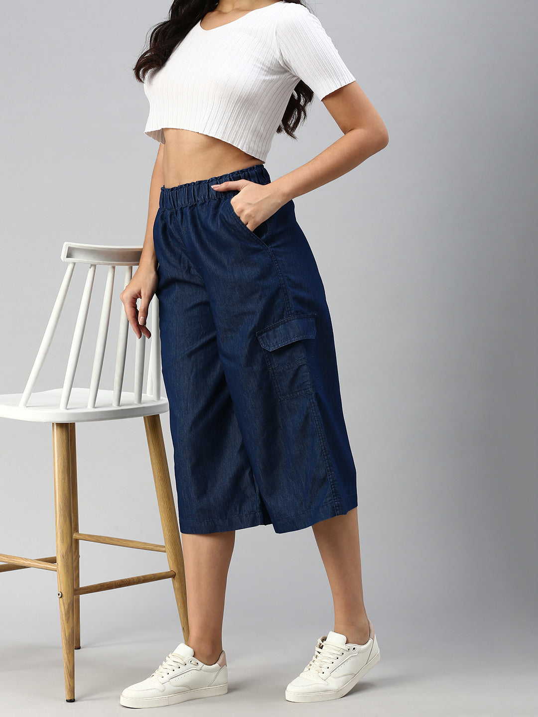 Buy SHOWOFF Navy Denim High rise Regular fit Culottes for Women Online @  Tata CLiQ