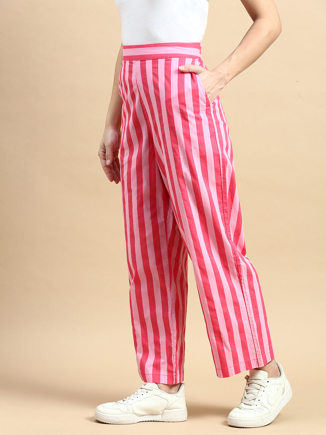 Co-Ord Set Striped (Shirt & Wide Leg Pant)-Pink