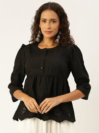 De Moza Women  Top  Embroidery Cotton Black - De Moza