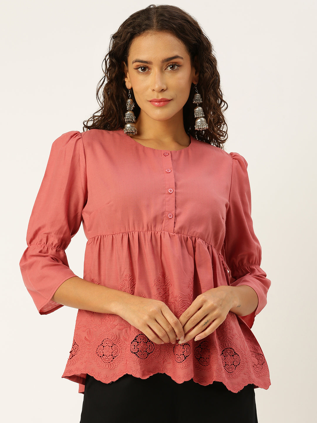 De Moza Women  Top  Embroidery Cotton Dark Dusty Pink - De Moza