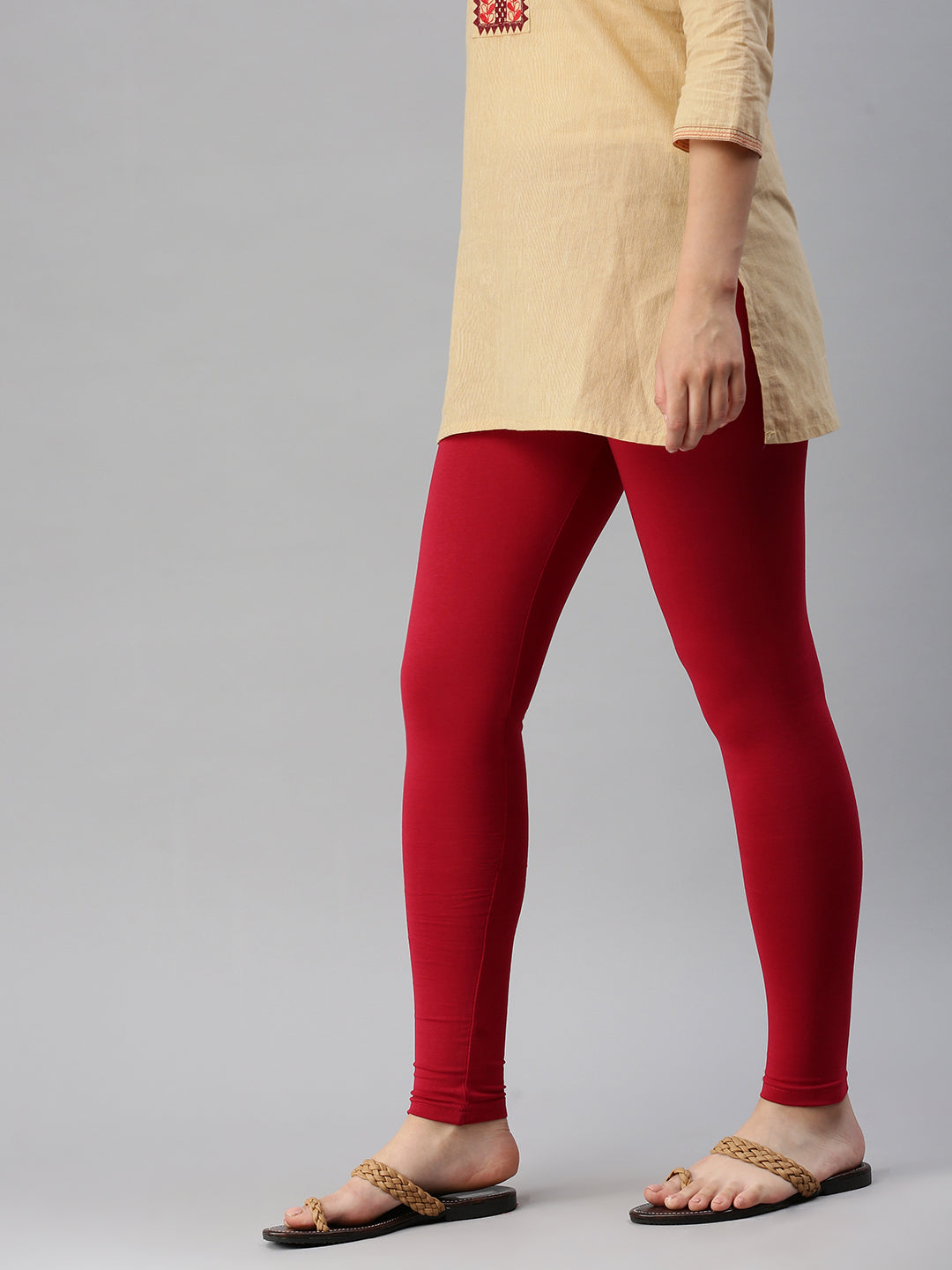 De Moza Ladies Ankle Length Leggings Solid Cotton Chilli Red