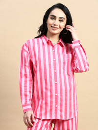 Co-Ord Set Striped (Shirt & Wide Leg Pant)-Pink