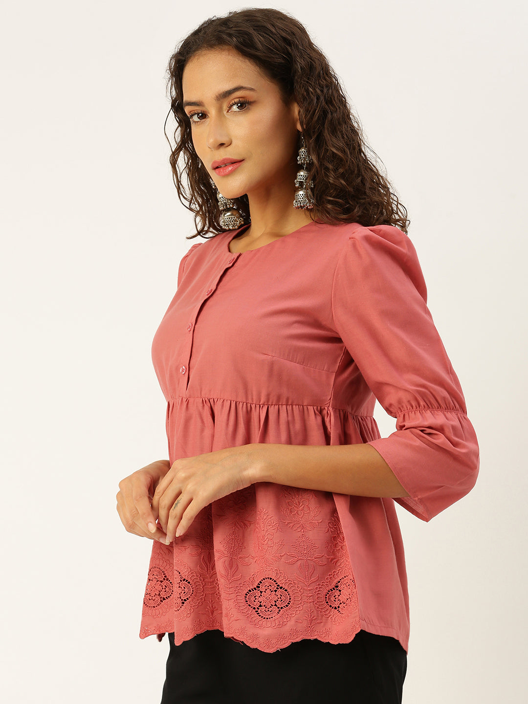 De Moza Women  Top  Embroidery Cotton Dark Dusty Pink - De Moza