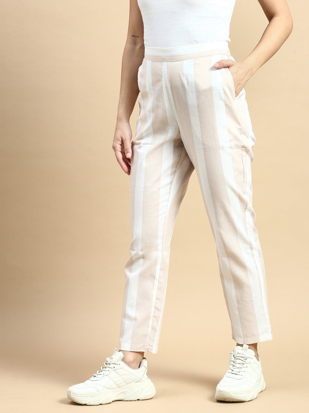 Straight Pant Striped-Beige - De Moza