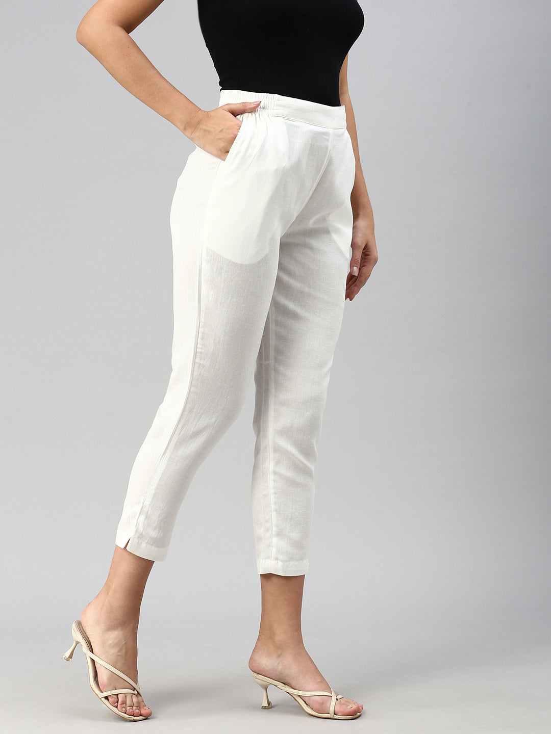 De Moza Women Cigarette Pants Offwhite