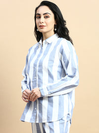 Co-Ord Set Striped (Shirt & Wide Leg Pant)-Blue