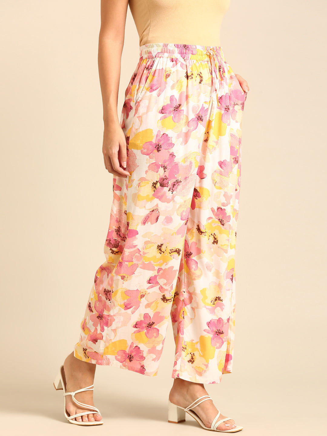 Co-Ord Set Floral Print (Casual Top & Palazzo)-Pink