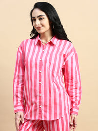 Oversized Stripped Shirt-Pink - De Moza