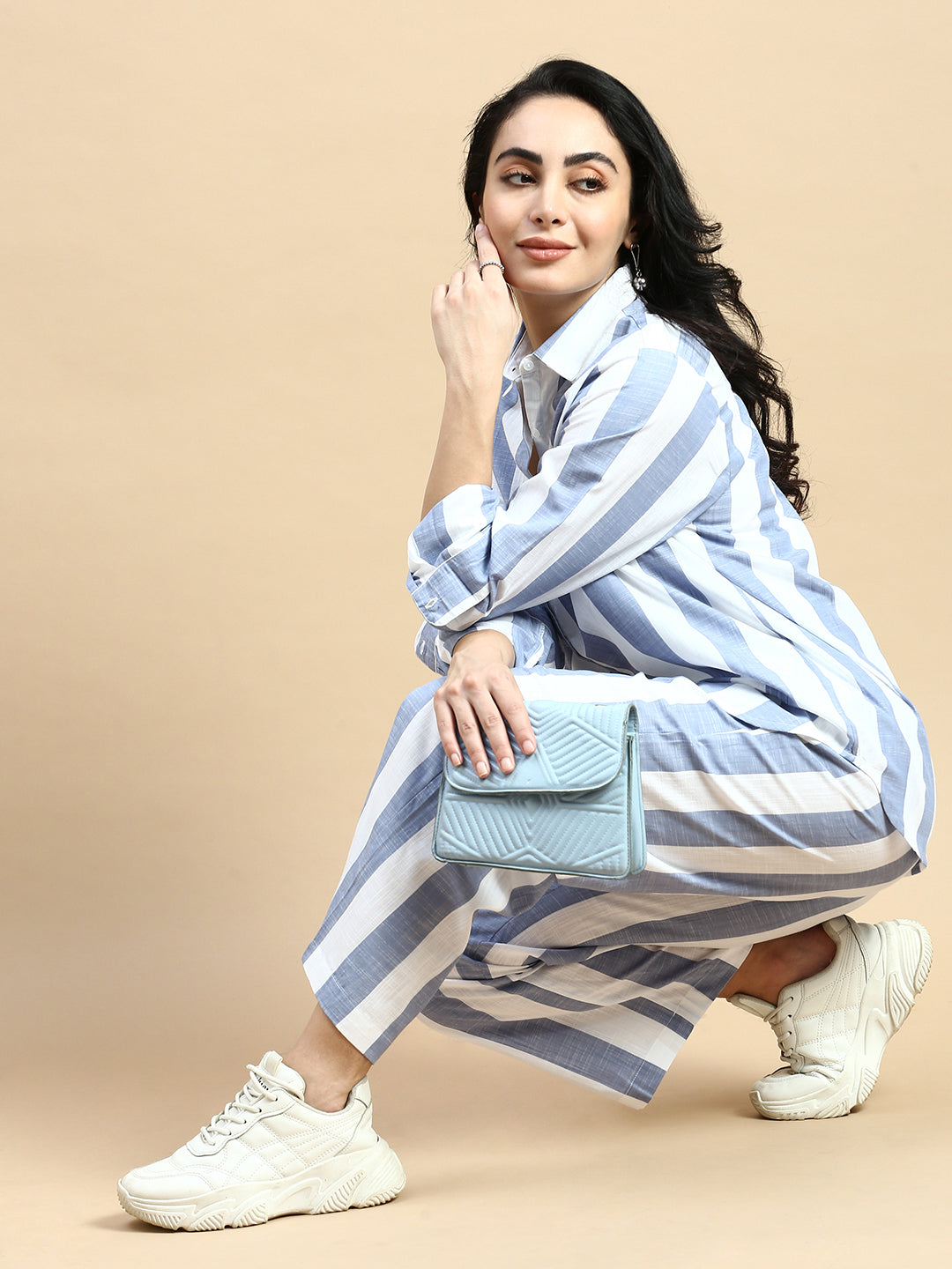 Co-Ord Set Striped (Shirt & Wide Leg Pant)-Blue