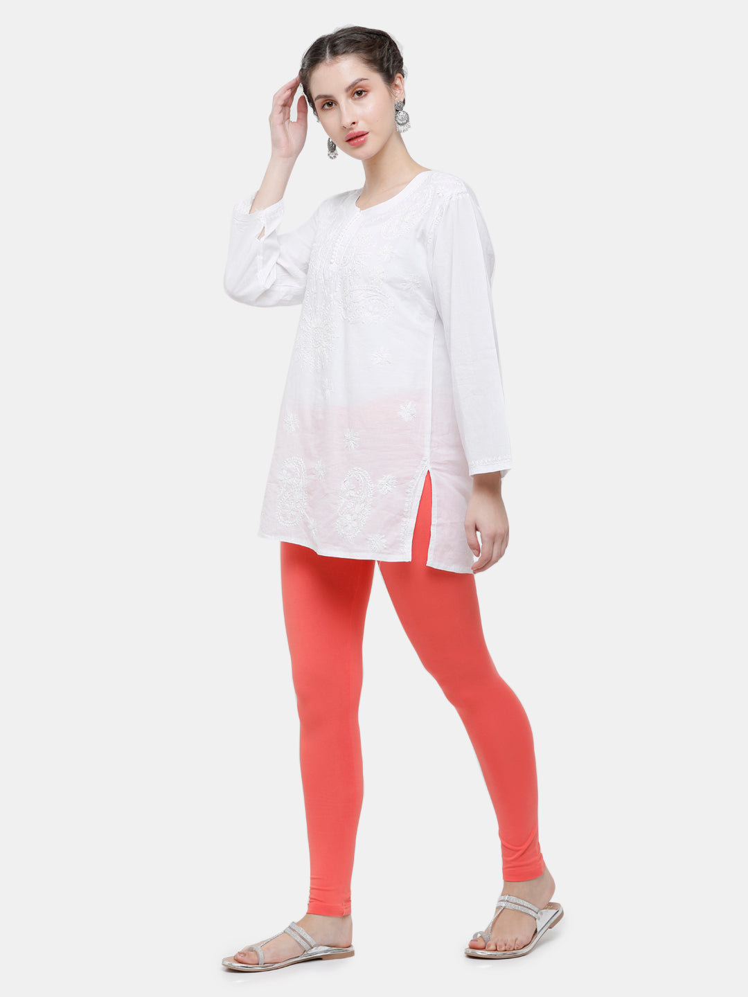 De Moza Ladies Ankle Length Leggings Solid  Cotton Light Coral