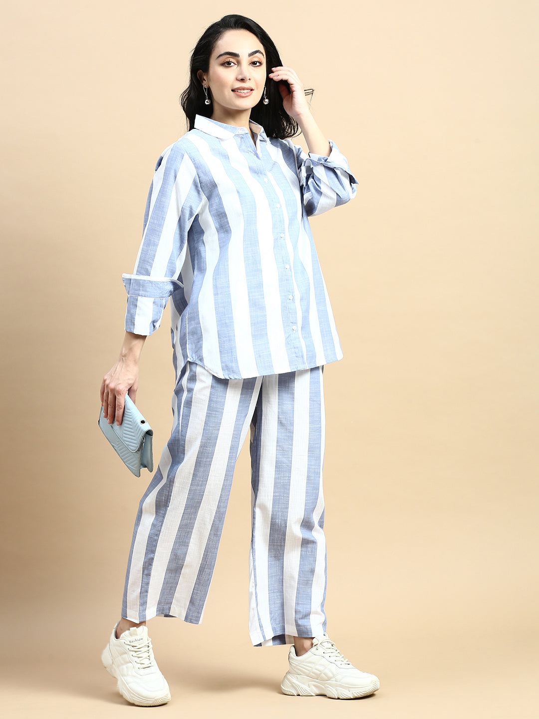 Co-Ord Set Striped (Shirt & Wide Leg Pant)-Blue