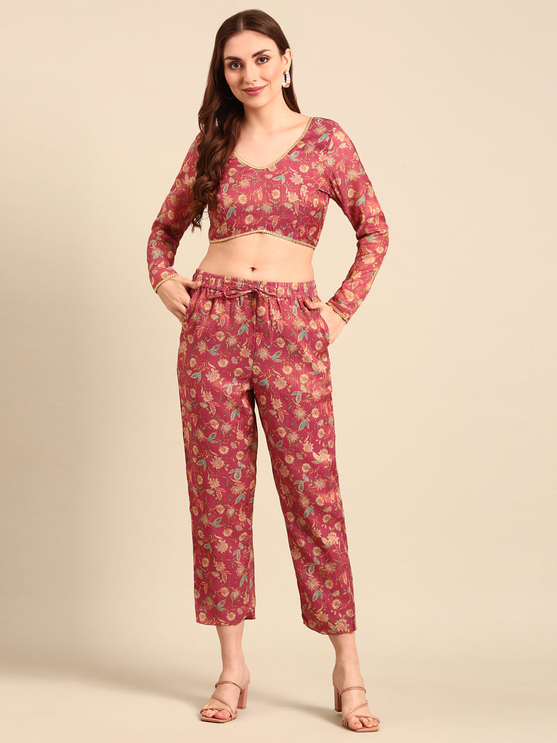 Straight Pant All Over Print-Dark Pink