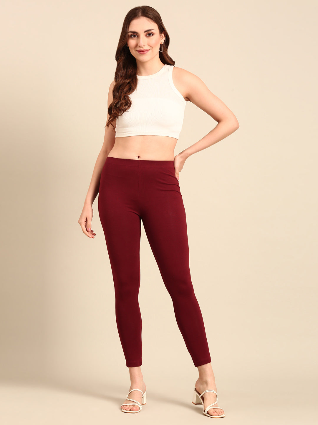 Ankle Length Leggings Cotton-Dark Maroon