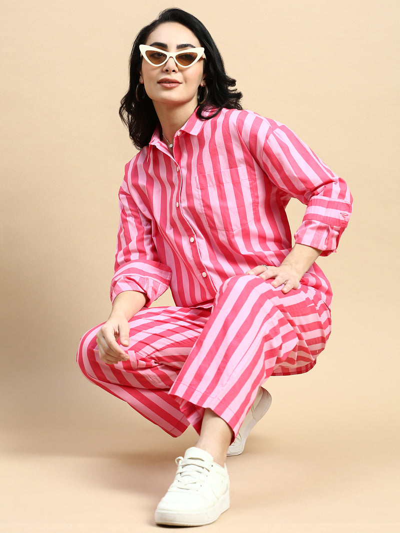 Co-Ord Set Striped (Shirt & Wide Leg Pant)-Pink