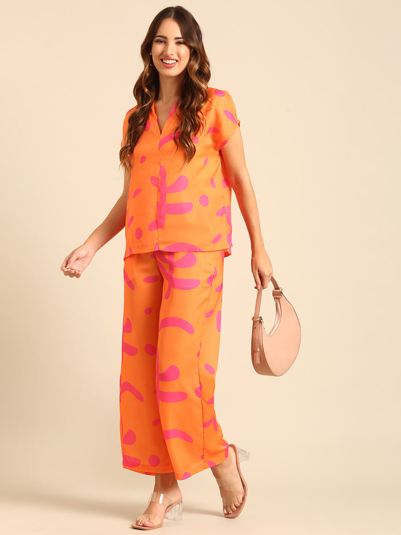 Co-Ord Set (Casual Top & Palazzo)-Orange