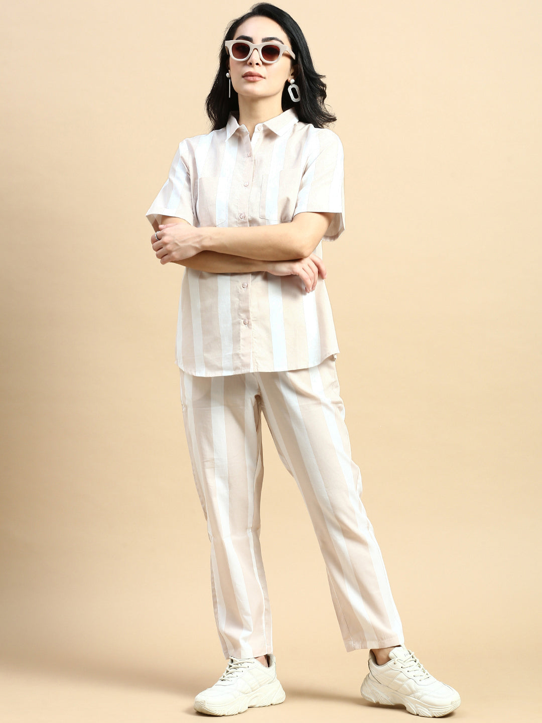 Straight Pant Striped-Beige - De Moza