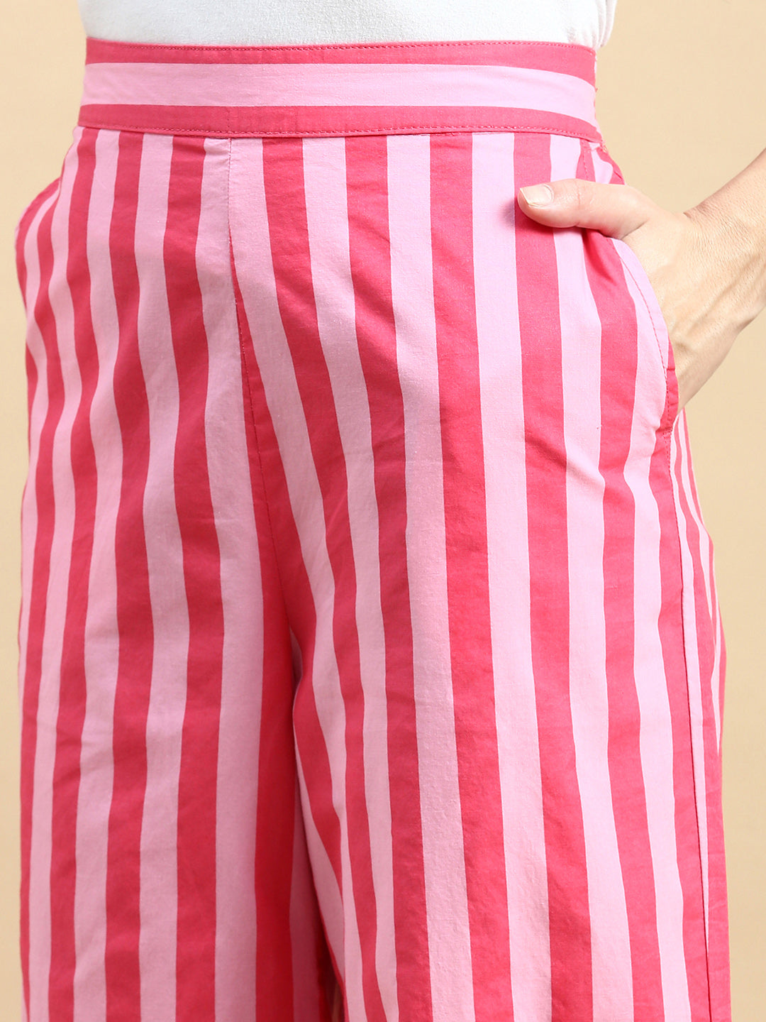 Co-Ord Set Striped (Shirt & Wide Leg Pant)-Pink