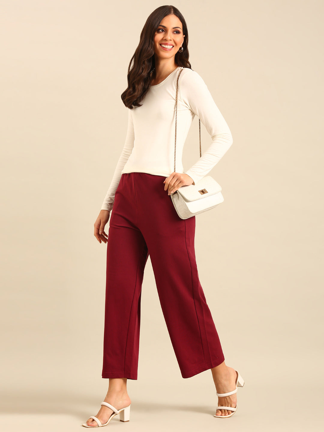 Wide Leg Casual Pant-Burgundy