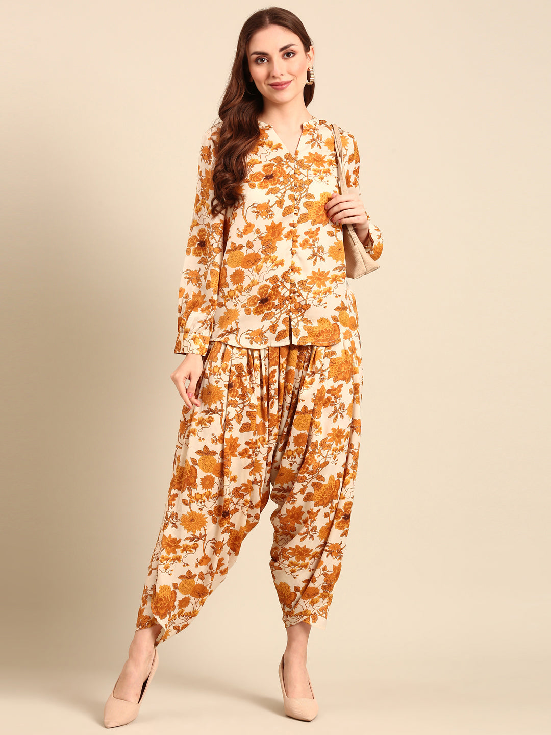 Co-Ord Set Floral Print (Top & Harem Pant)-Yellow