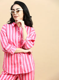 Co-Ord Set Striped (Shirt & Wide Leg Pant)-Pink