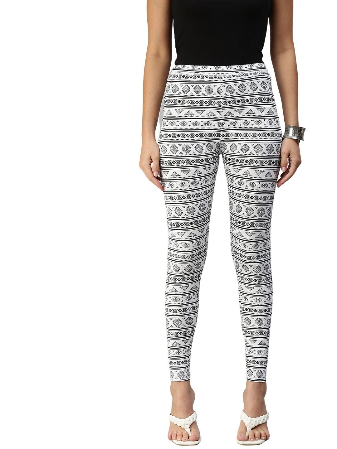 Buy De Moza Women Black and White Printed Cotton Leggings - XL