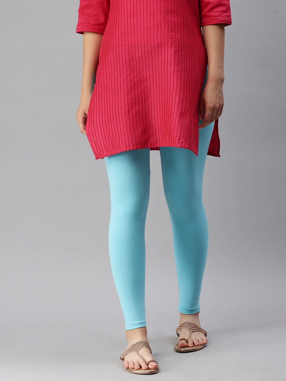 De Moza Ladies Ankle Length Leggings Solid Cotton Sky Blue