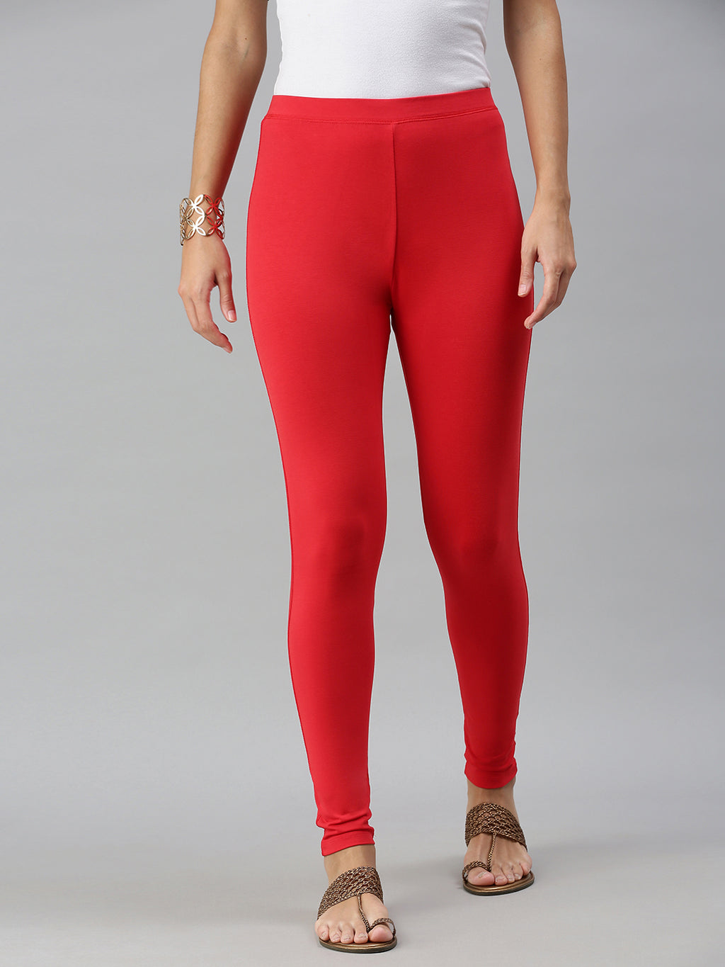 De Moza Ladies Ankle Length Leggings Solid Cotton Lycra Red