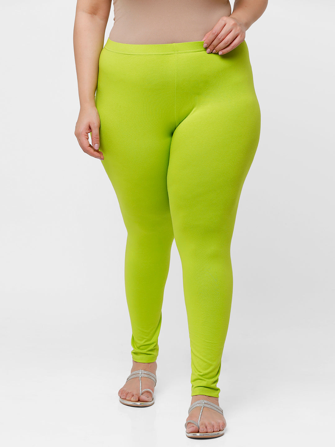 De Moza Ladies Plus Ankle Length Leggings Solid Cotton Lime - De Moza