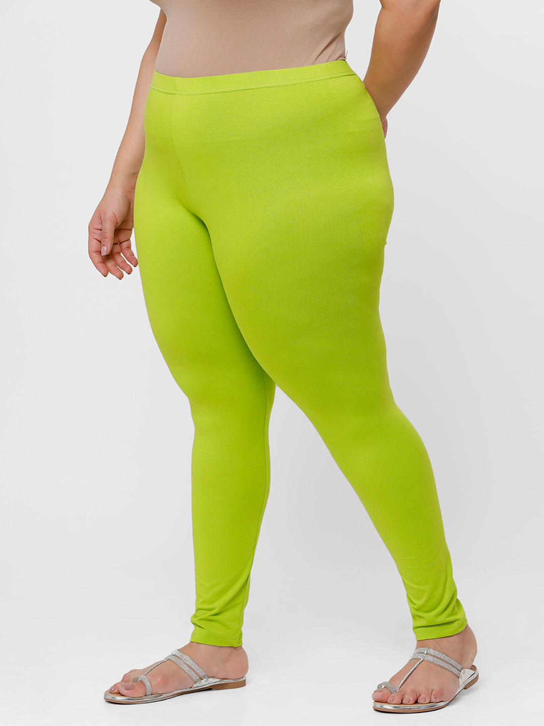 De Moza Ladies Plus Ankle Length Leggings Solid Cotton Lime - De Moza