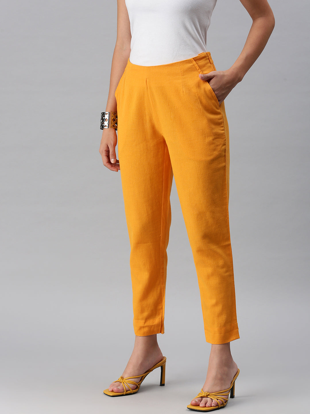 Jcasho-Women comfort stretchable cotton lycra pants/trousers, Yellow colour.