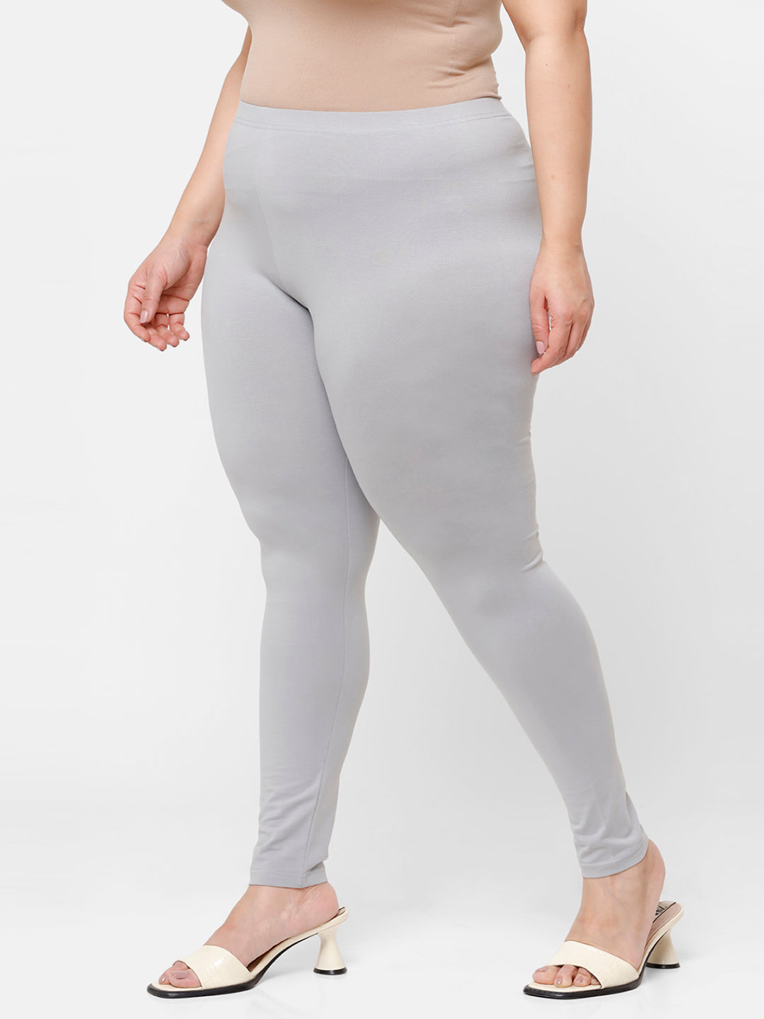 De Moza Ladies Plus Ankle Length Leggings Solid Cotton Light Grey - De Moza