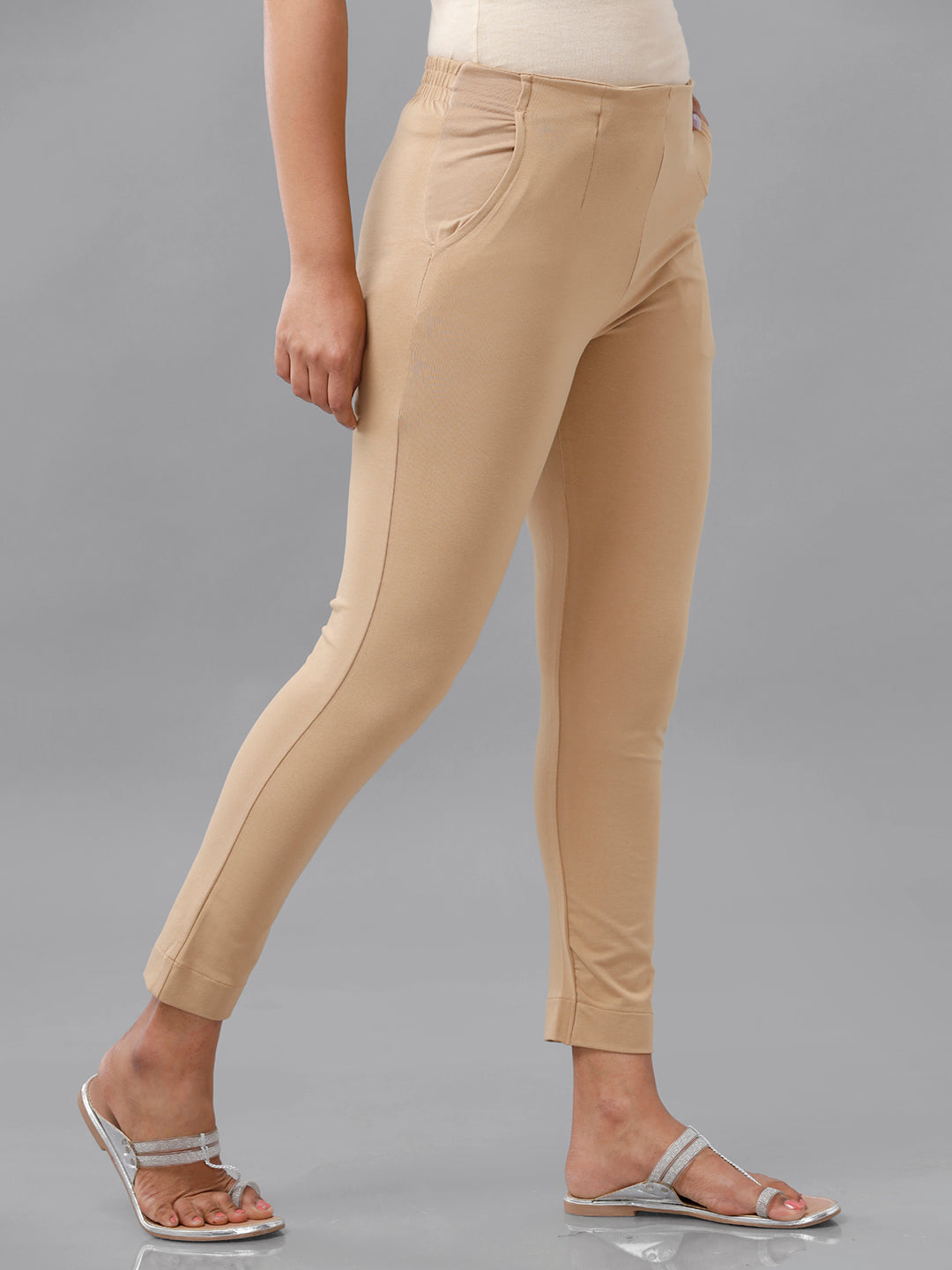 Buy By FBB Beige Cotton Solid Ankle Length Cigarette Pants online |  Looksgud.in