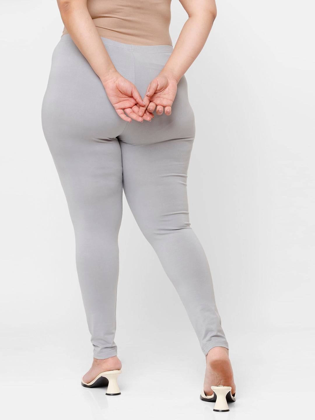 De Moza Ladies Plus Ankle Length Leggings Solid Cotton Light Grey - De Moza