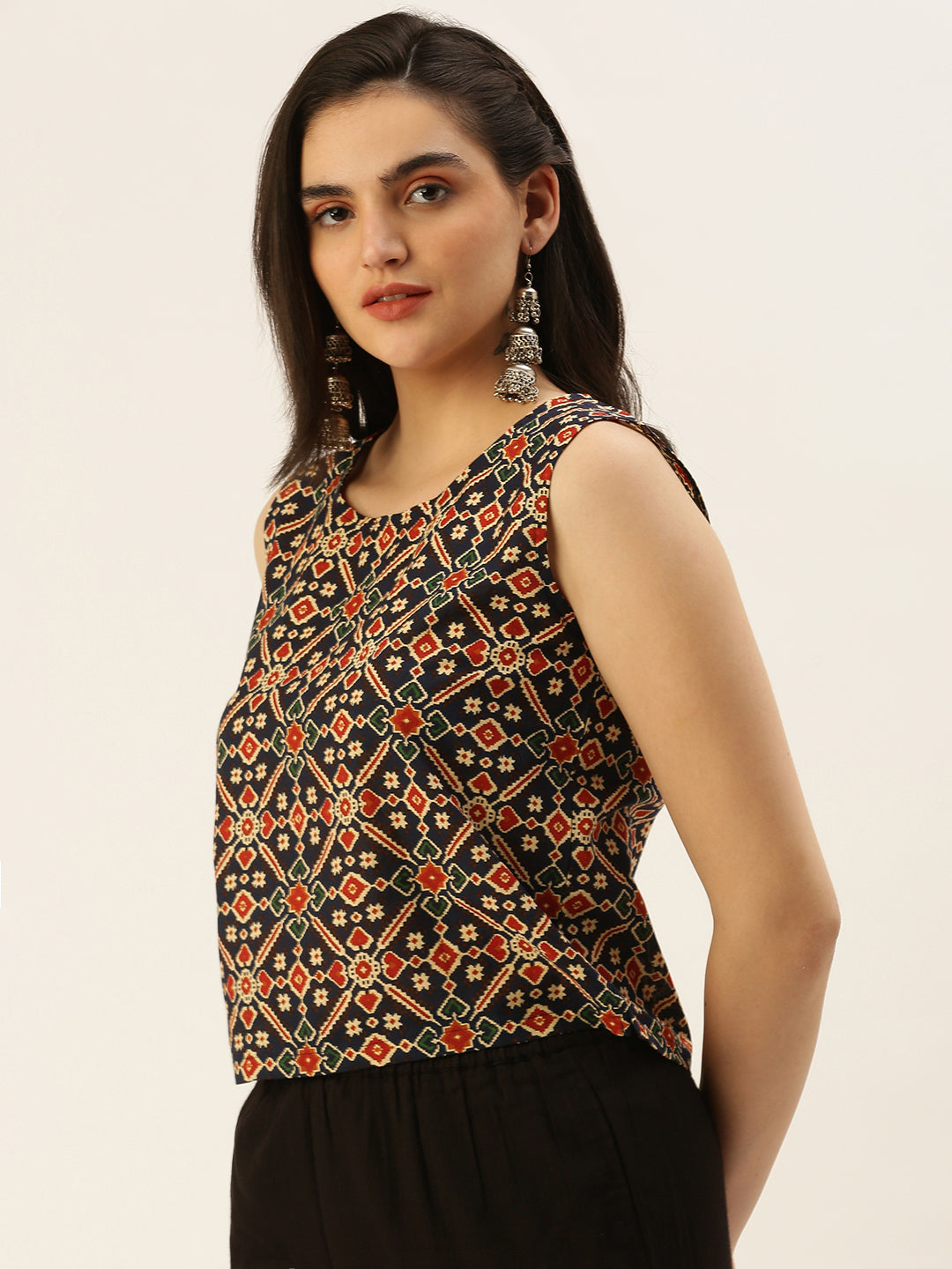 De Moza Women Printed Top Cotton Navy Blue - De Moza