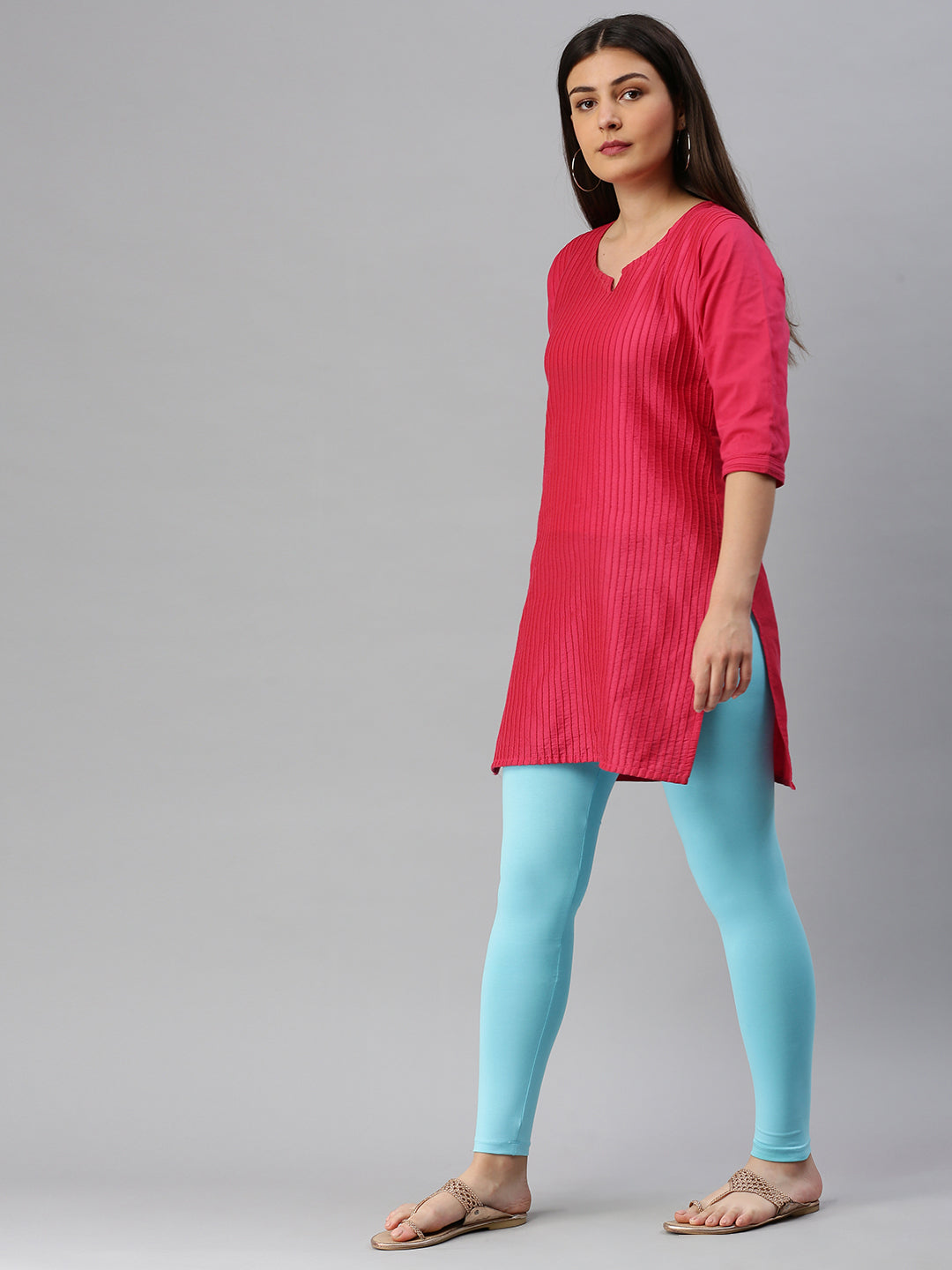 De Moza Ladies Ankle Length Leggings Solid Cotton Sky Blue