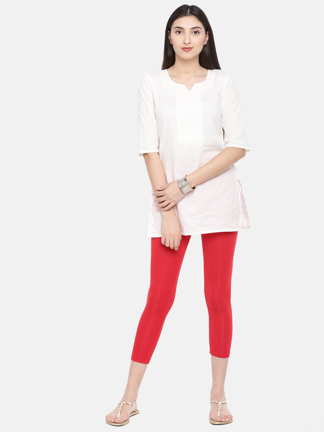 Indian Women Red Pure Cotton A-Line High Slit Kurta With Churidar Leggings  | eBay