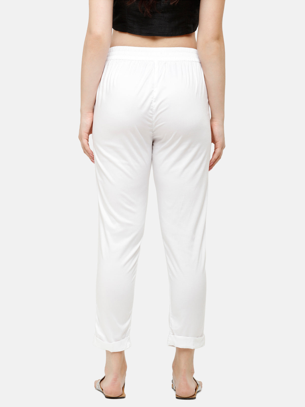 ADA Women White Chikankari Hand-Embroidered Cotton Regular Handloom Trousers  - Absolutely Desi
